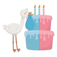stork with birthday cake vector illustration