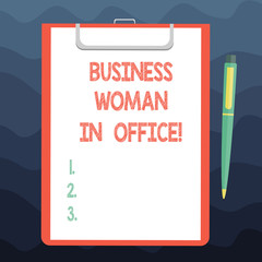 Writing note showing Business Woanalysis In Office. Business photo showcasing Female power Feminine empowerment Leader women Sheet of Bond Paper on Clipboard with Ballpoint Pen Text Space