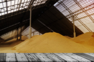 Wheat at bulk cargo warehouse storage for animal feed industry.