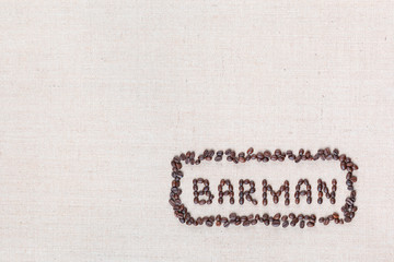 The word Barman inside a rectangle all made with coffee beans, aligned at the bottom right.