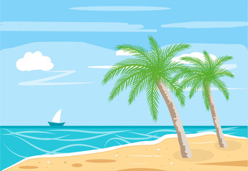 Fototapeta na wymiar vector illustration a sandy beach summer sea background with a palm leaves