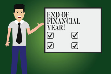 Conceptual hand writing showing End Of Financial Year. Business photo text Revise and edit accounting sheets from previous year Man with Tie Talking Presenting Blank Color Square Board