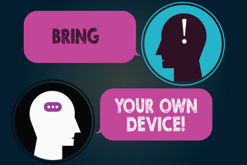 Conceptual hand writing showing Bring Your Own Device. Business photo showcasing Come with demonstratingal computer laptop smartphone Messenger Room with Chat Heads Speech Bubbles Punctuations