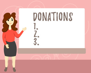 Conceptual hand writing showing Donations. Business photo text something that is given to charity especially sum of money Female Hu analysis Presenting Rectangular Blank Whiteboard