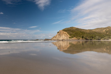 The cliffs and headland at the end of Matai Bay reflected in the wide, sandy beach. Karikari Peninsula, Northland, New Zealand.