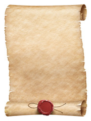 Old parchment scroll with wax seal with thread isolated