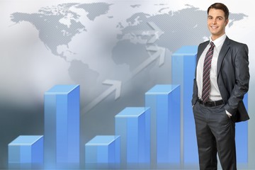 Confident handsome businessman, a young man on chart illustration background
