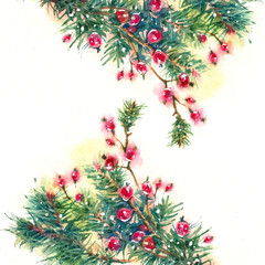 Naklejka na ściany i meble Watercolor illustration with Christmas fir branches and berries, a holiday card on a white background