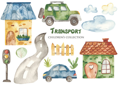 Watercolor set with a cute cartoon kids transport for a boy. Cars, bus, tram, truck for baby shower, cards, invitations, prints, logos.