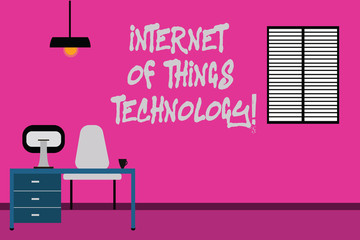 Writing note showing Internet Of Things Technology. Business photo showcasing IT modern technologies online network Minimalist Interior Computer and Study Area Inside a Room