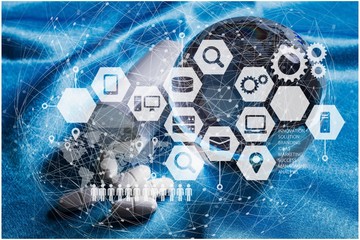 Notebook with Globe on background, internet concept