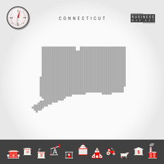Vector Vertical Lines Pattern Map of Connecticut. Striped Simple Silhouette of Connecticut. Realistic Compass. Business Infographic Icons.