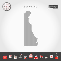 Vector Vertical Lines Pattern Map of Delaware. Striped Simple Silhouette of Delaware. Realistic Compass. Business Infographic Icons.