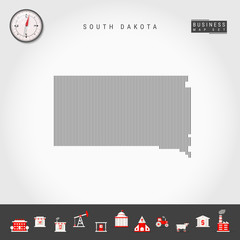 Vector Vertical Lines Pattern Map of South Dakota. Striped Simple Silhouette of South Dakota. Realistic Compass. Business Infographic Icons.
