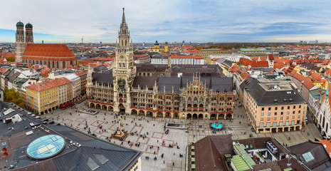 Aerial cityscape of Munich historical center with New Town Hall on Marienplatz and Frauenkirche. Germany