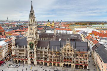Fototapeta na wymiar Aerial cityscape of Munich historical center with New Town Hall, town hall on Marienplatz. Germany
