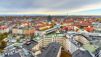 Fototapeta premium Aerial cityscape of Munich historical center with Viktualienmarkt on square. Germany