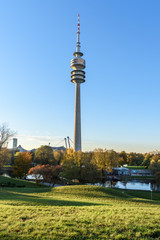 Olympic tower in Olympic Park or Olympiapark. Munich. Germany