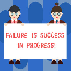 Handwriting text Failure Is Success In Progress. Concept meaning You have to make mistakes for improvement Male and Female in Uniform Standing Holding Blank Placard Banner Text Space