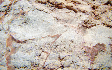 White raw stone. Dark red streaks, spreads, inclusions.