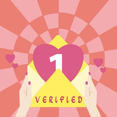 Handwriting text Verified. Concept meaning make sure or demonstrate something is true accurate or justified Female Hu analysis Hand Holding an Open Envelope with Big Heart coming out