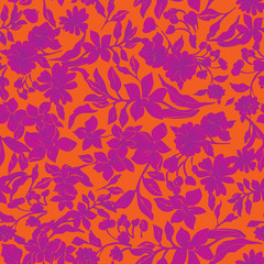 Seamless repeat pattern. Vector illustration of pink, orange and purple leaves, flowers, tulips and petunias.