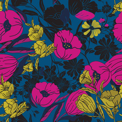Vertical border bright floral vector illustration Transparent layers bright pink, yellow and indigo poppy flowers seamless repeat pattern. Ideal for cheerful stylish wallpaper, scrapbooking, fashion