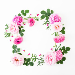 Floral frame of pink roses, peonies and leaves on white background. Flat lay, top view. Summer time flowers composition