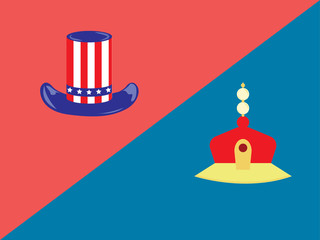 American hat and chinese emperor hat,america and china,Vector illustration