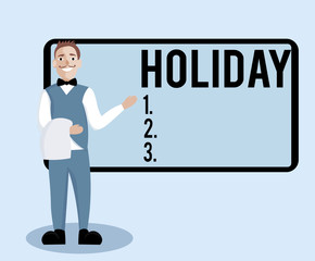 Conceptual hand writing showing Holiday. Business photo text Extended period of leisure recreation Vacation Celebration days.