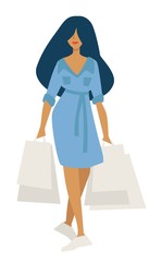 Woman on shopping with bags in denim dress isolated character