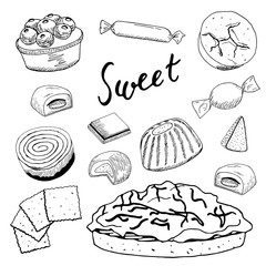 Vector set of line drawing candy, sketch at white background, hand drawn design elements. illustration.