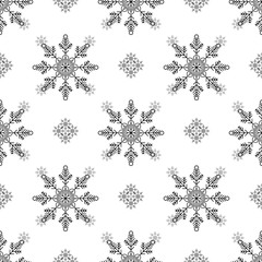 Christmas, new year seamless pattern, snowflakes line illustration. Vector icons of winter holidays, cold season snowfall. Celebration party black white repeated background. eps 10
