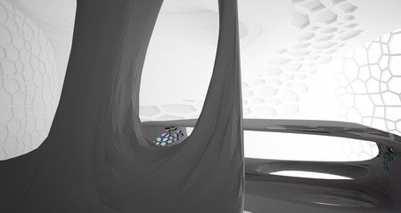 Abstract white, black and colored gradient glasses interior multilevel public space with window. 3D illustration and rendering.