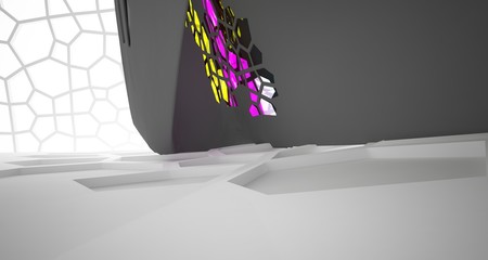 Abstract white, black and colored gradient glasses interior multilevel public space with window. 3D illustration and rendering.