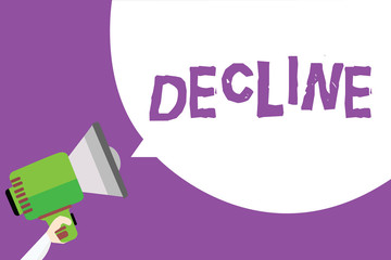 Word writing text Decline. Business concept for Become smaller fewer less Decrease Politely refuse reject say no Man holding megaphone loudspeaker speech bubble message purple background