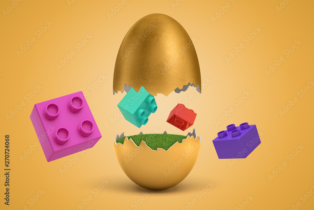 Poster 3d rendering of colorful toy bricks flying around broken golden egg from which they have hatched.