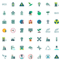 Ecology elements collection, flat icons set, Colorful symbols pack contains - eco waste, environmental pollution, water recycle, global warming, solar energy. Vector illustration. Flat style design