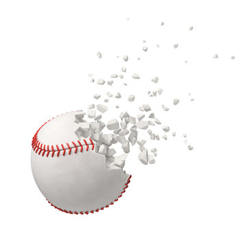 3d rendering of white baseball ball shattering into small pieces isolated on white background