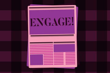Writing note showing Engage. Business photo showcasing Participate Become involved Marriage proposal Employ someone.