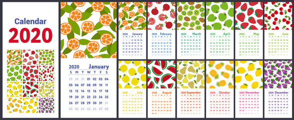 Calendar 2020. Vector English wall calender. Lemon, kiwi, pear, garnet, orange, pineapple, cherry, strawberry, watermelon, grapes, apple, pomegranate and mandarin. Hand drawn. Fruits, berries sketch