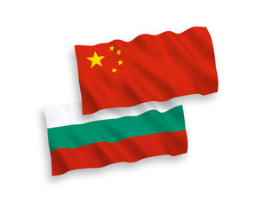 National vector fabric wave flags of Bulgaria and China isolated on white background 1 to 2 proportion.