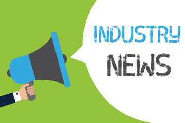 Text sign showing Industry News. Conceptual photo Technical Market Report Manufacturing Trade Builder Man holding megaphone loudspeaker speech bubble message speaking loud