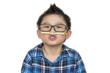 Asian boy in glasses with his funny face on white background on isolated