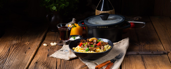 Fussili noodle with klaschise spicy goulash and paprika