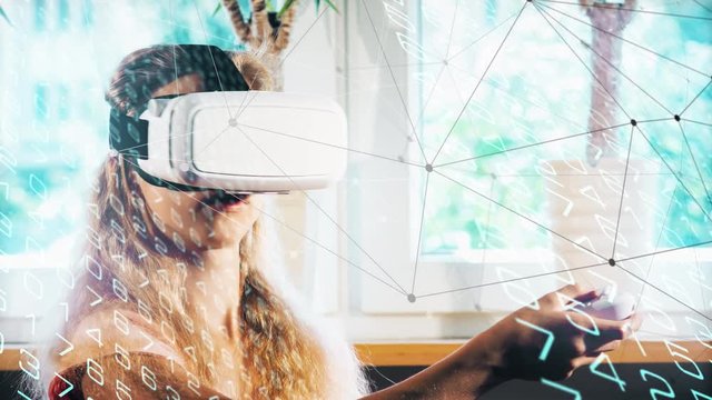 Video game headset VR, 4k random numbers and connected dots with lines
