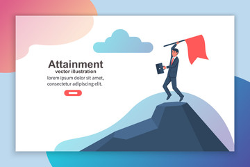 Attainment goal. Mission accomplished. Businessman standing with red flag on mountain peak. Hnman on ountain peak, symbol of victory. Vector style flat. Isolated on background. Business landing page.