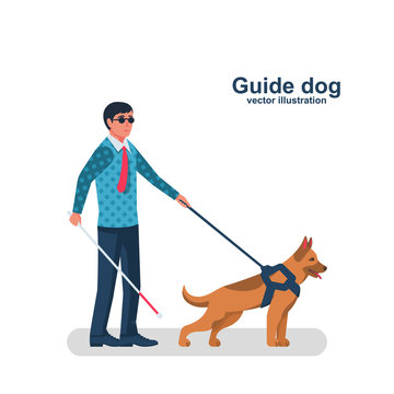 Blind man character with guide dog. Person with pet companion. Human with a white cane on street. Vector illustration flat design. Isolated on white background.