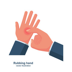 Rubbing hand. Palms and finger close-up. Vector illustration flat design. Isolated on white background. Massage painful hand cartoon style. 