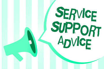 Text sign showing Service Support Advice. Conceptual photo providing help to others in verbal or action way Megaphone loudspeaker green stripes important loud message speech bubble